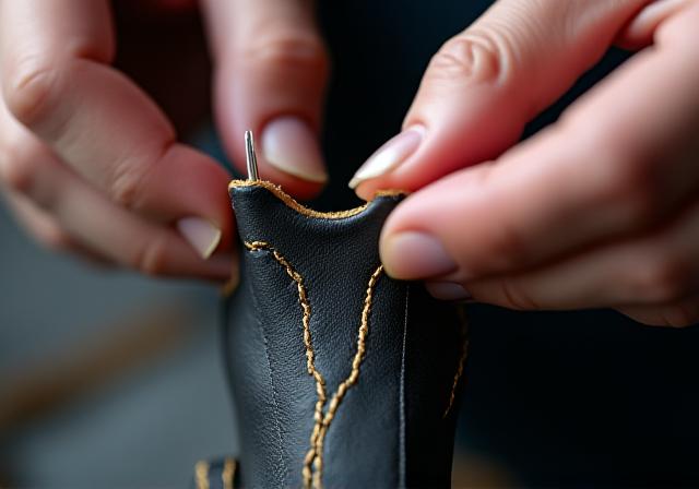 Close up of artisan hands performing traditional saddle stitching