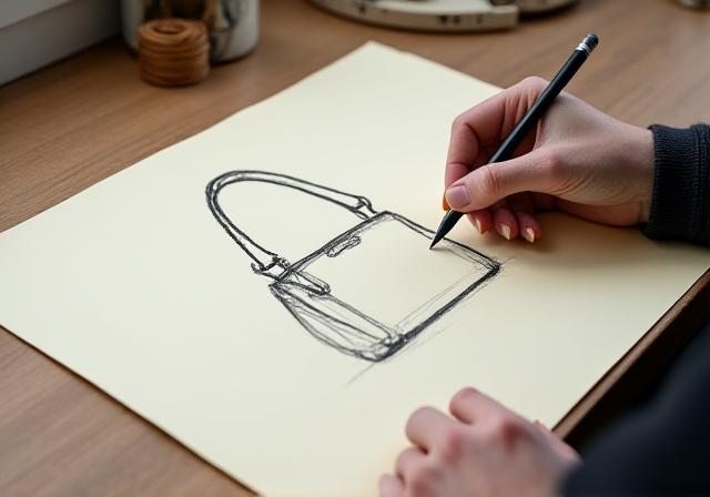 Artisan sketching a handbag design in a London studio