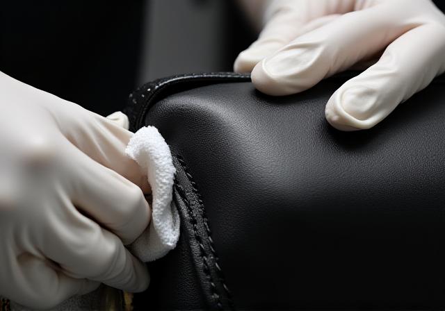 Professional artisan cleaning a leather surface with a soft microfibre cloth