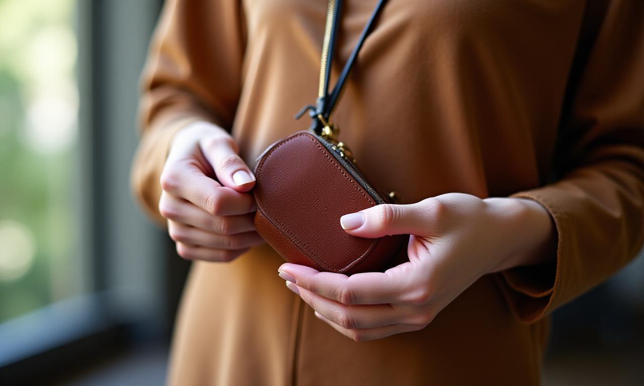 Detailed close-up of a high-quality leather handbag being handled with care