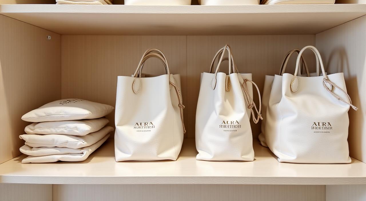 Luxury closet shelf showing handbags neatly stuffed and placed inside breathable dust bags