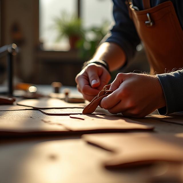 Artisan working with leather offcuts to create small accessories